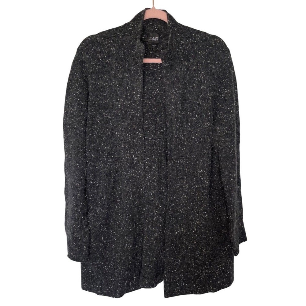 Eileen Fisher Cardigan Women Med Charcoal Grey Flecked Open Front Knit Pockets